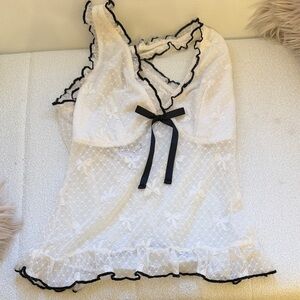 White Sheer Lace Top with Black Trim